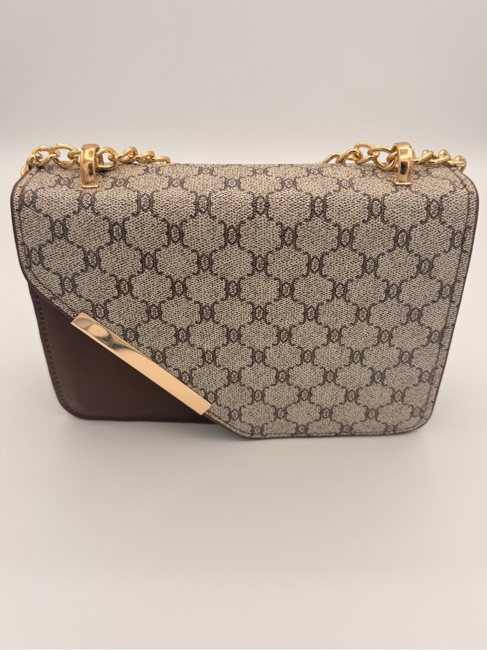 Canvas Pattern Shoulder Bag with Gold Chain - Brown & Beige NEW